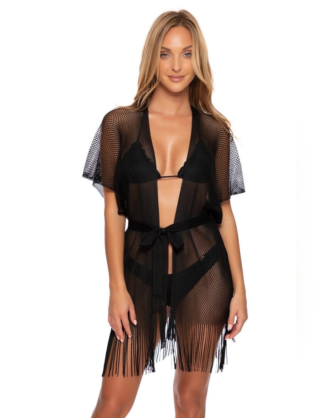 Luli Fama Sunshine Addict Short Caftan Black Mesh Fringe  OS